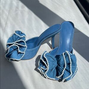 Gianni Bini Blue Pearl-Embellished Ruffle Mules